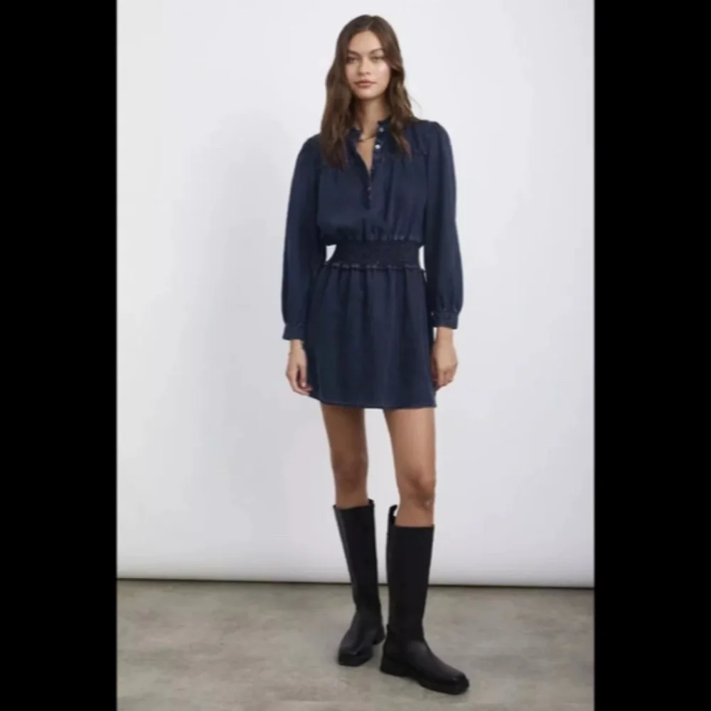 NWOT Rails Shawna Smocked Chambray Dark Vintage Wash Denim Mini Dress Size S